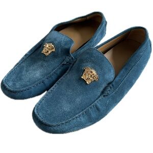Versace Blue Driver Suede Loafers with Gold Medusa